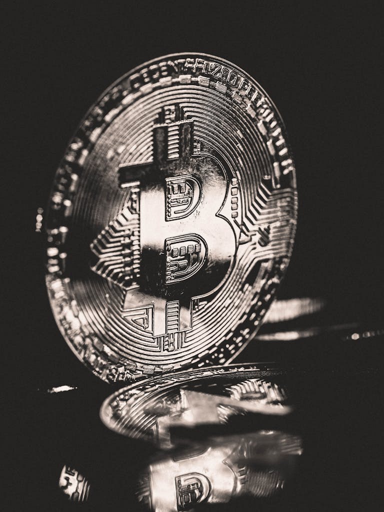 A detailed monochrome image of a Bitcoin coin reflecting light, emphasizing cryptocurrency elegance.