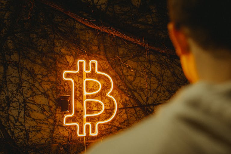 Glowing bitcoin symbol in neon light on vine wall with person in foreground, suggesting finance themes.