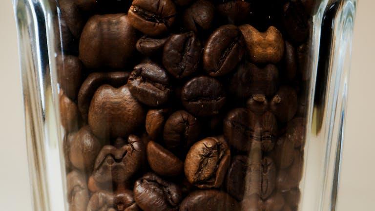 Macro shot of roasted coffee beans in a clear glass container.